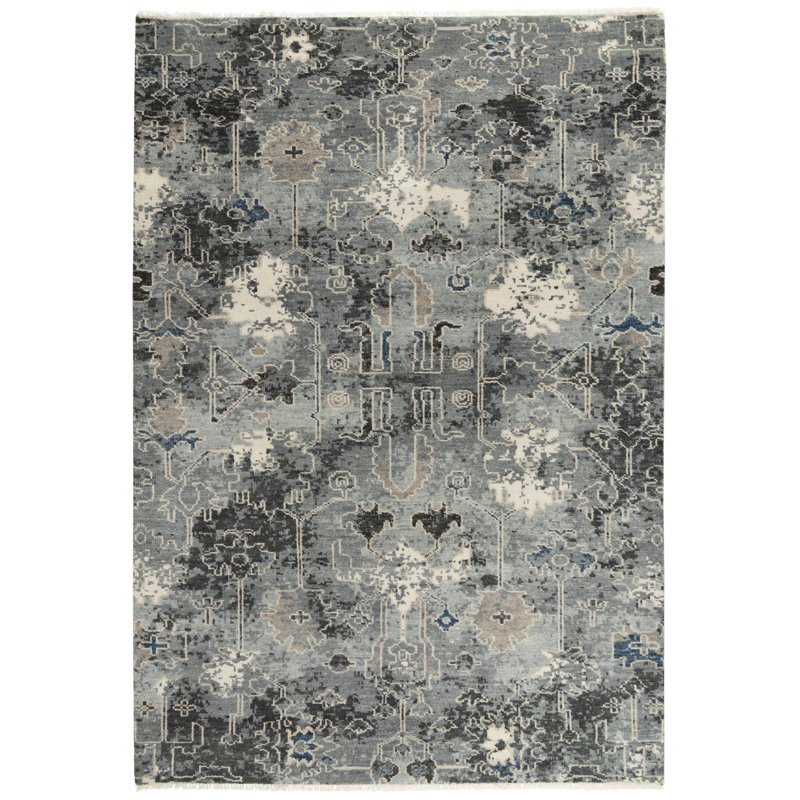 Tapis rectangulaire gris en laine noué à la main à motif abstrait Kule, Rectangle 2 pi x 3 pi