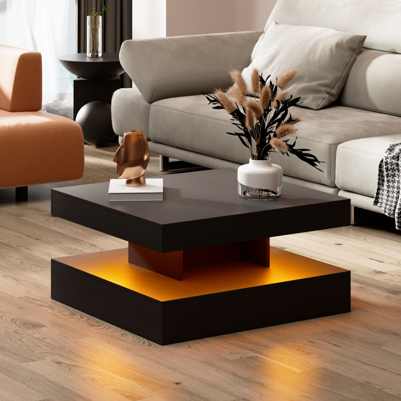 Charvez Solid Coffee Table with 16 Colors LED Lights, 78 X 78cm, Matte Black, 40cm H x 78cm W x 78cm D