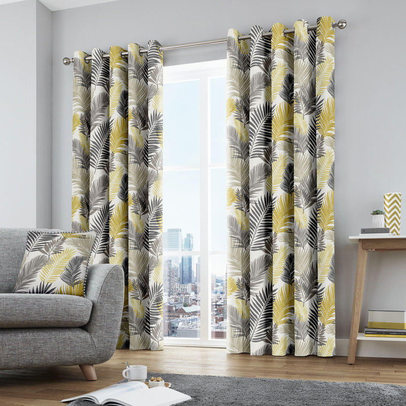 Tropical Cotton Room Darkening Curtain Pair, Width 117cm x Drop 137cm, Ochre