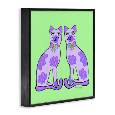 Giclée sur fond vert, chats mauves, design par Katie Conley