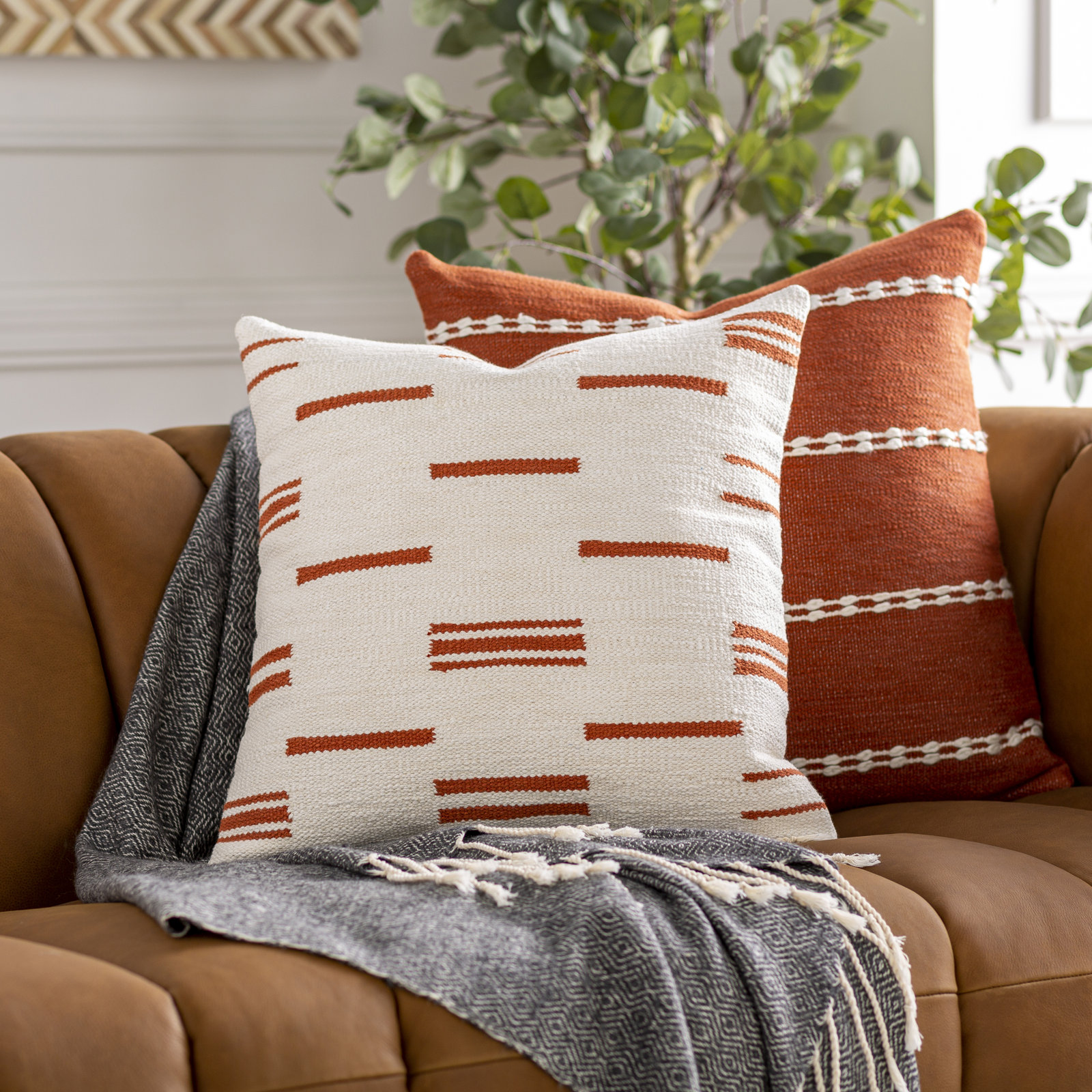 Chanterelle Embroidered Cotton Throw Pillow, White/Orange, 22" x 22", Polyester/Polyfill