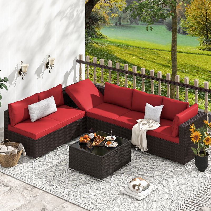 Quadreka 6 Pieces Outdoor Couch Set Furniture with Coffee Table, Wine Red