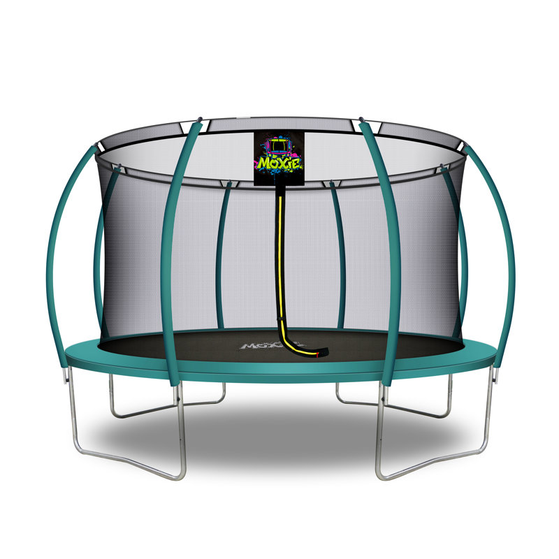 Machrus Moxie Pumpkin-Shaped Outdoor Trampoline Set with Top-Ring Frame Safety Enclosure, 14 FT, Dark Green