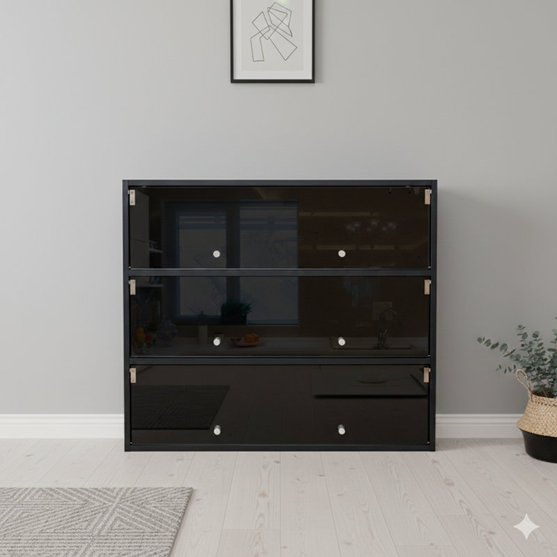 Présentoir à chaussures et étui de rangement avec façade en verre noir et éclairage à DEL RVB à changement de couleur intégré