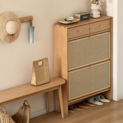 31.5" Natural Wood Color Solid wood Oak Rattan Shoe Storage