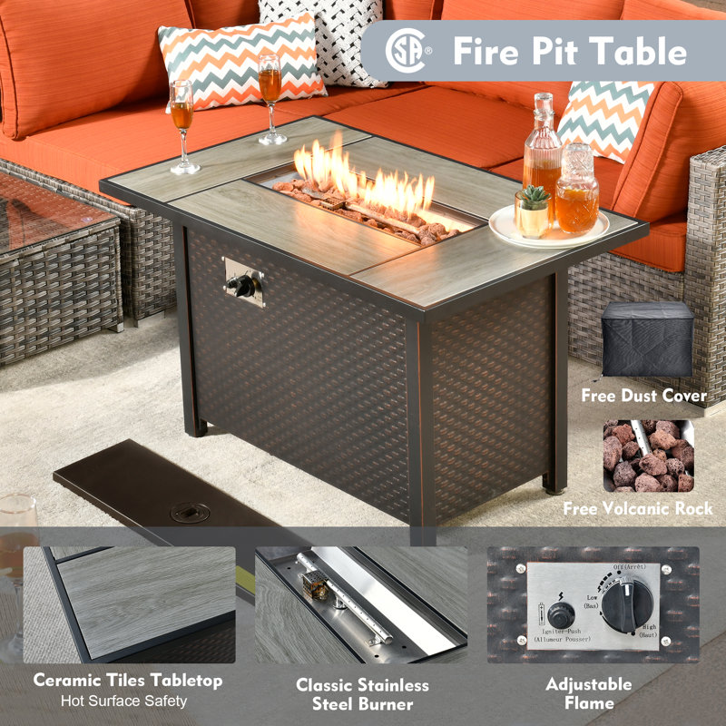Premium All-Weather Wicker 7 - Person Patio Conversation Set with Cushions, Orange Red