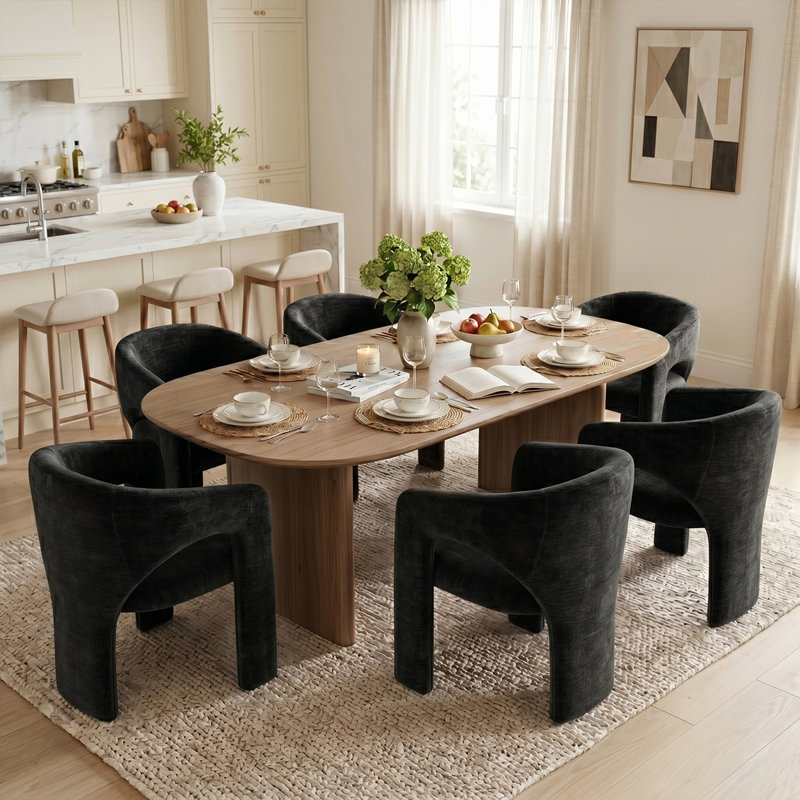 Modern Upholstered Dining Chairs Set Of 6, Sculptural Barrel Accent Side Chairs With Curved Backrest And Textured Chenille Fabric