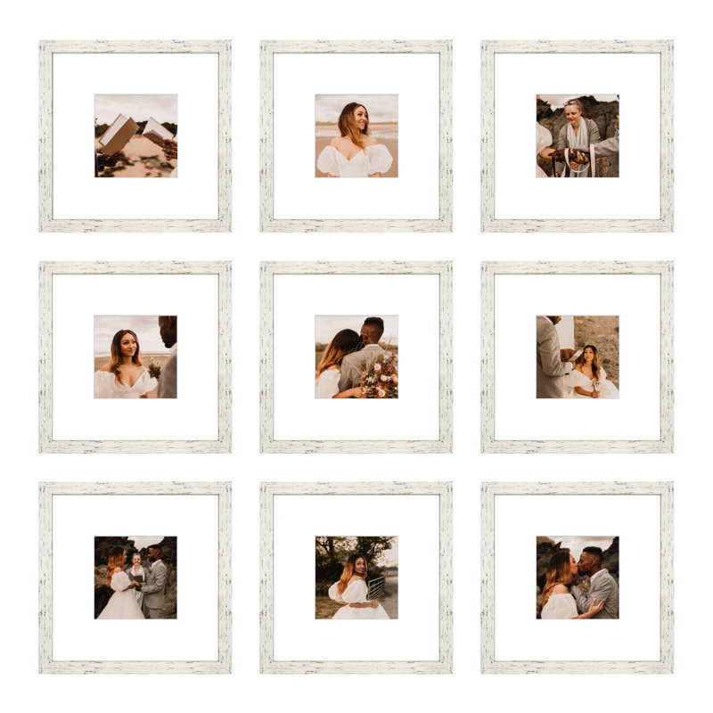 8X8 Picture Frame Set Of 9, Display Pictures 4X4 With Mat Or 8X8 Without Mat, Multi Collage Gallery Square Photo Frames For Wall Or Tabletop, Distressed White