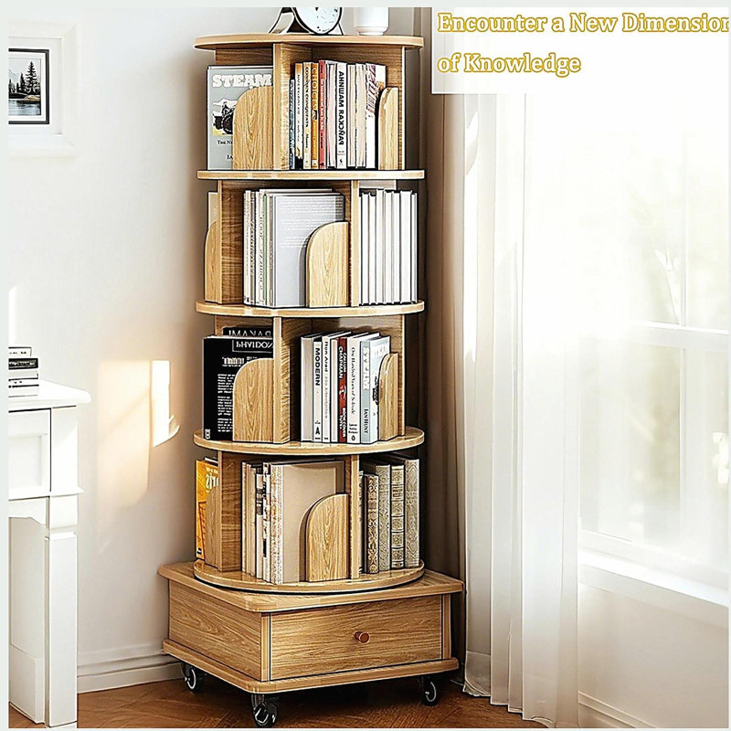 5 Tier Rotating Bookshelf, 360° Display Spinning Bookshelf with Wheels, Rotating Bookshelf Tower, Oak