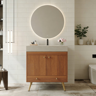 Meuble-lavabo autoportant de style Mid-Century avec comptoir en faux marbre et lavabo en céramique, armoire de rangement à double porte de 30 po, bois d'ingénierie imperméable, pieds dorés