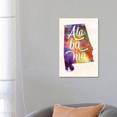 Alabama US State In Watercolour Text Cut Out by Paul Rommer - Wrapped Canvas Painting