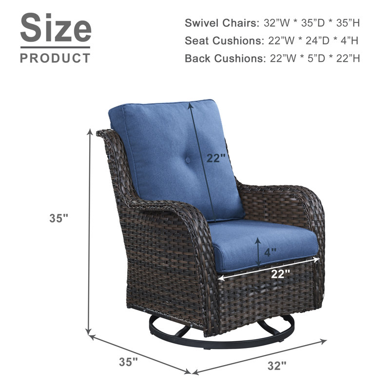 Bonia Swivel Rocker Patio Gliding Chair with Cushions (Set of 4), Brown Frame/Blue Cushion