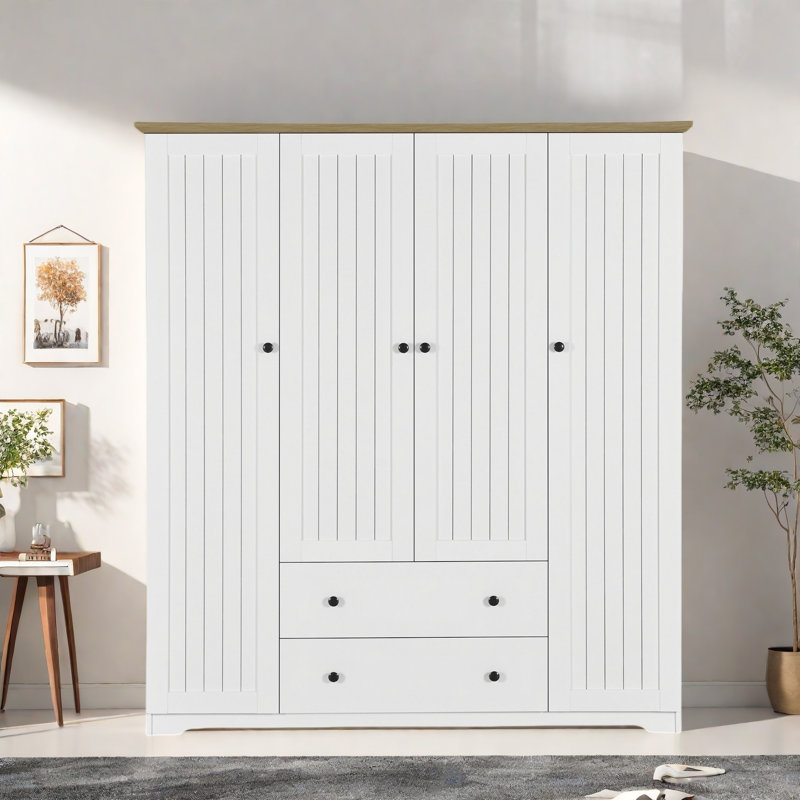 Armoire penderie 4 portes avec 2 tiroirs, Blanc