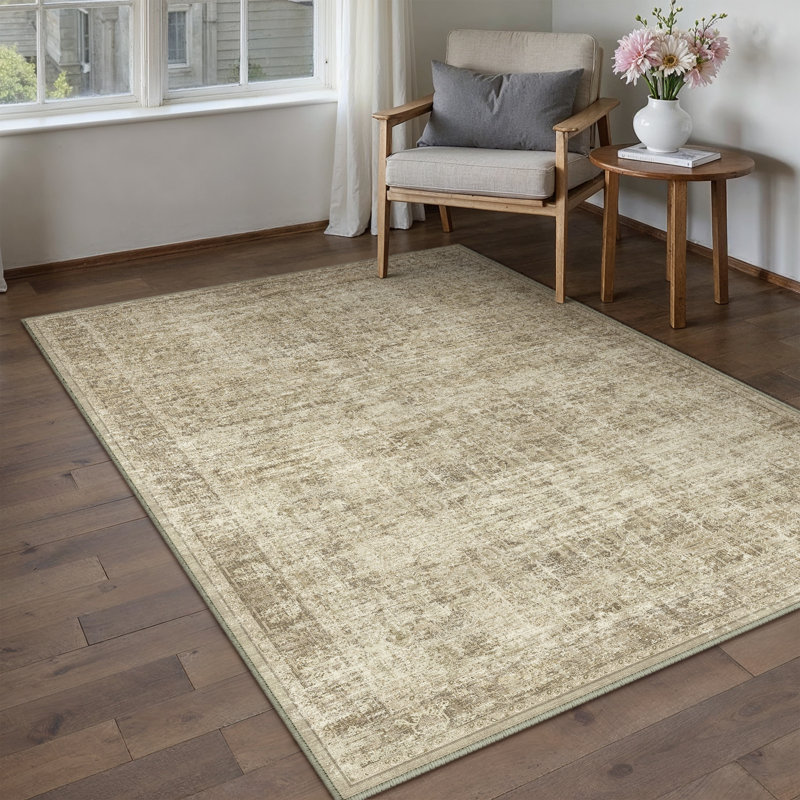 Tapis beige lavable avec envers antidérapant Ladonya, Rectangulaire 3 pi x 5 pi