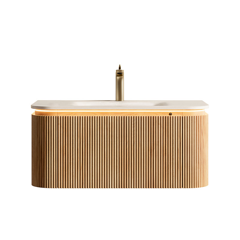 Meuble-lavabo de 36 po avec lavabo, finition rayée 3D en pierre naturelle frittée, capteur, rangement spacieux, pré-assemblé, bordures en pierre flottantes faciles à installer, éclairage à DEL, fermeture en douceur