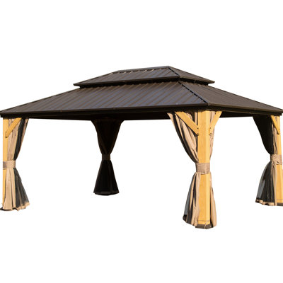 Wood Gazebo With Double Roof, Netting & Curtains For Backyard And Deck 12X16ft Solid - Wood, Lawn, Patio Events