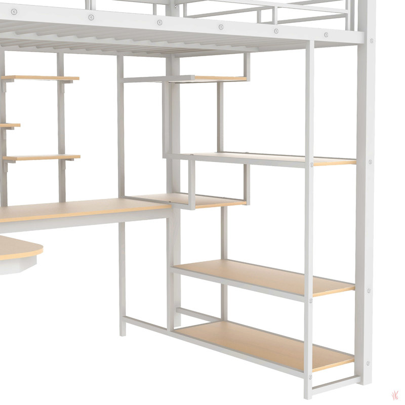 Lit mezzanine double en métal avec escalier de rangement et petite armoire, bureau intégré et tablettes de rangement, Blanc