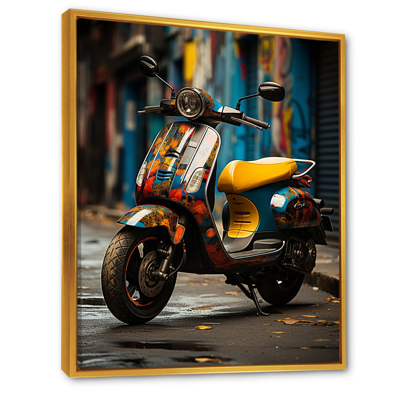 Urban Scooter Street Art, reproduction d'art sur toile, H 32 po x l 16 po x P 1 po, Cadre flottant doré