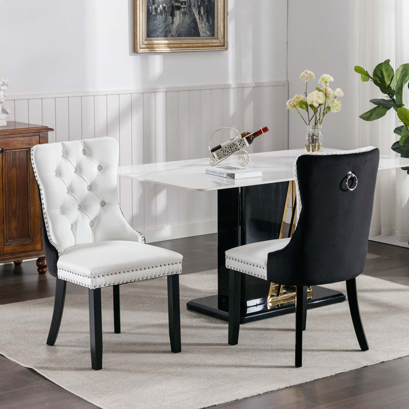 Chaise de salle à manger rembourrée en PU et velours, Blanc / noir