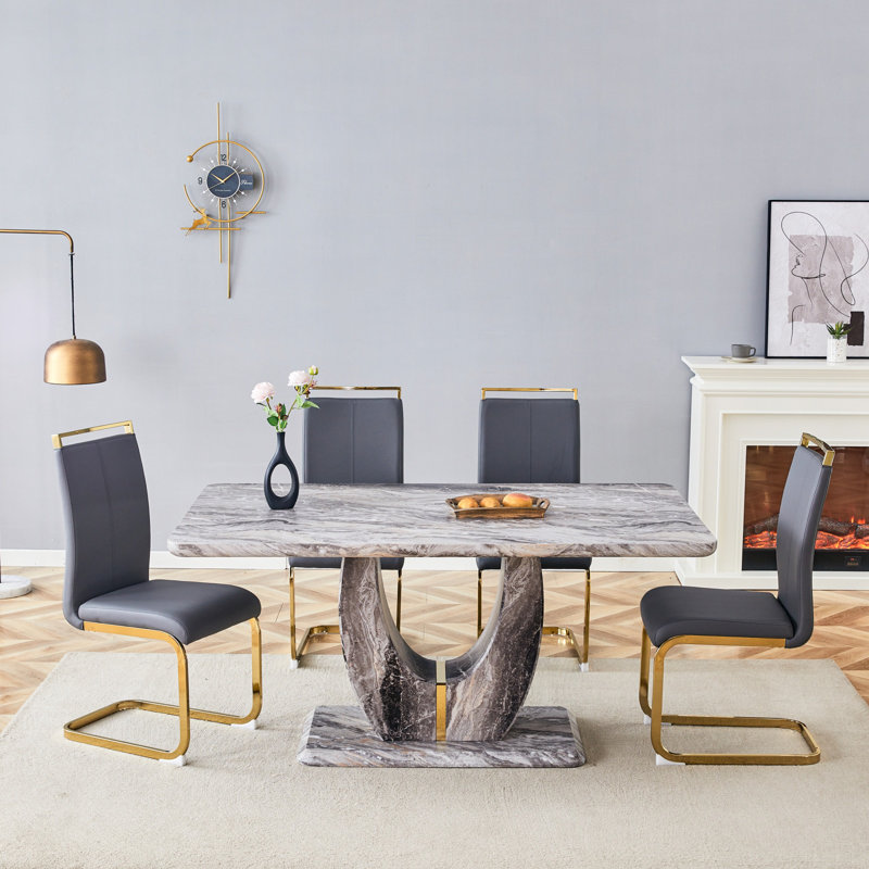 63" Modern Dining Table Set With PU Leather Chairs, U-Shaped MDF Base, Gray, 5 Pieces: Table, 4 Chairs