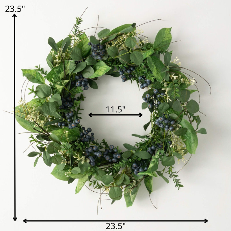 Couronne artificielle en plastique avec feuille verte et bleuet, H 23,5 po x l 23,5 po x P 6,25 po
