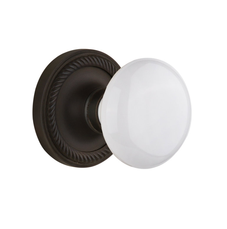 Rosette corde avec bouton de porte en porcelaine blanche, Bronze frotté à l'huile, 2 3/4 po