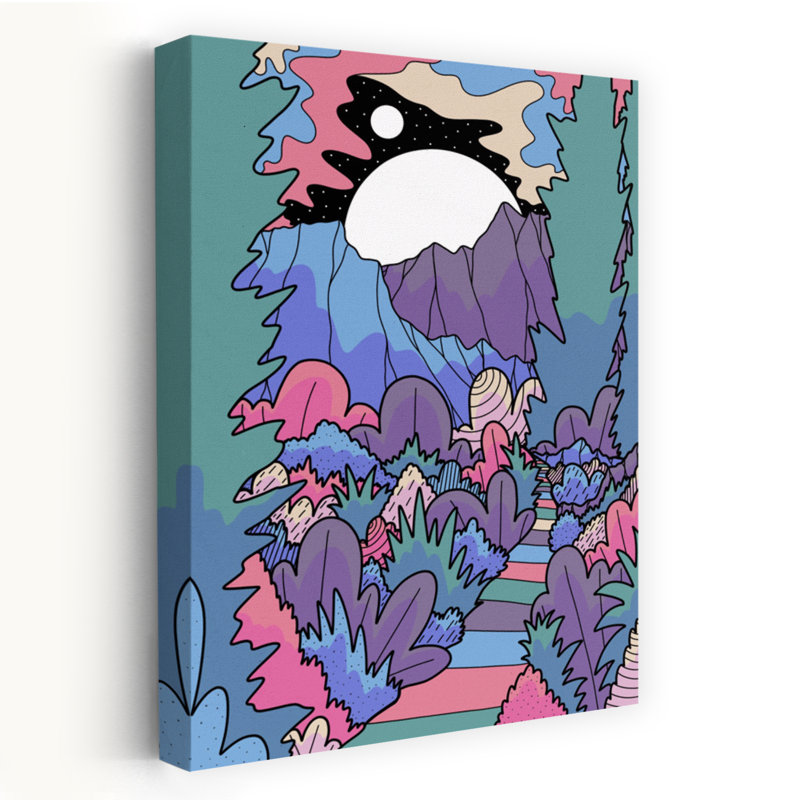 «Whimsical Mountain Night Path Abstract Colorful Dreamy Forest Landscape», reproduction d'art mural, 24" H x 16" W