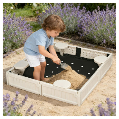 Cream White HDPE Outdoor Sandbox with Four Seat Positions for Kids