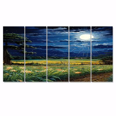 «Moonlight Magic Over Blossoming Green Fields - Farmhouse», art mural sur toile 5 pièces