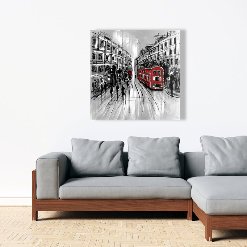 Rue noire et blanche avec bus rouge | Toile noire avec décor de ville
