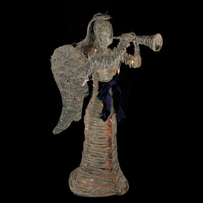 4.25' Lighted Silver and Beige Glitter Dusted Angel with Horn Outdoor Christmas Yard Art Decor