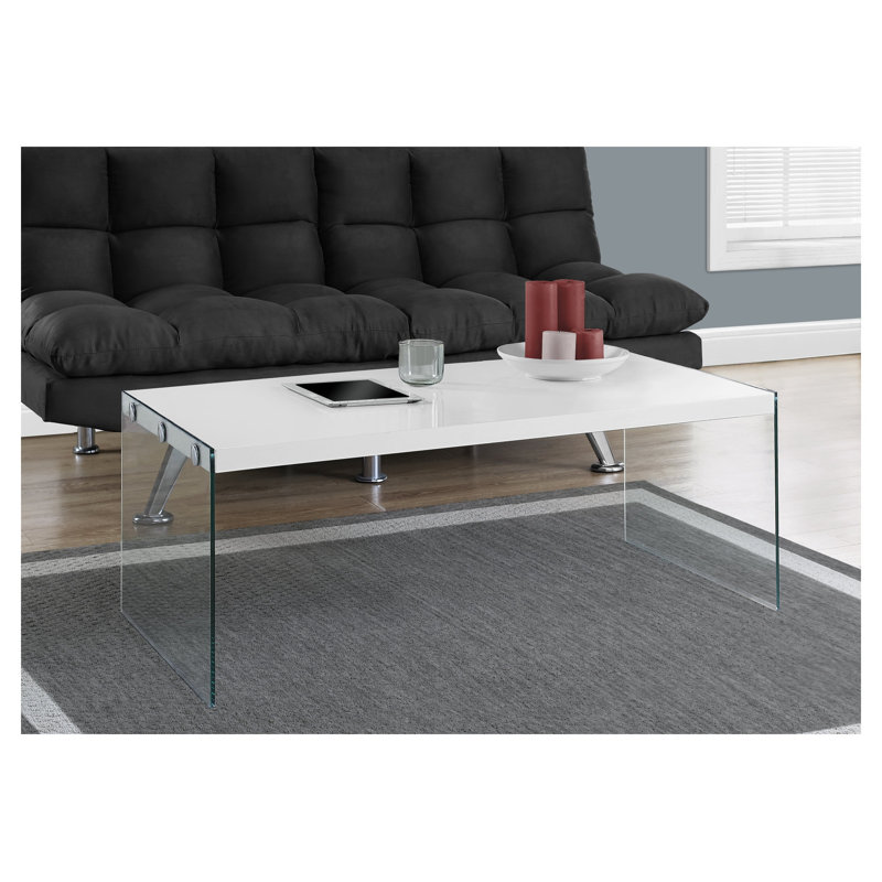 White Glossy Rectangular Coffee Table with Tempered Glass Sides