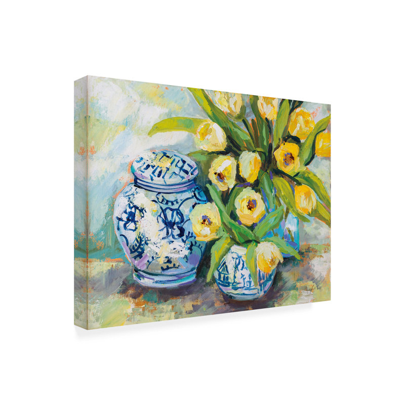Tulipes chinoises par Jeanette Vertentes - peinture sur toile tendue, H 35 po x l 47 po