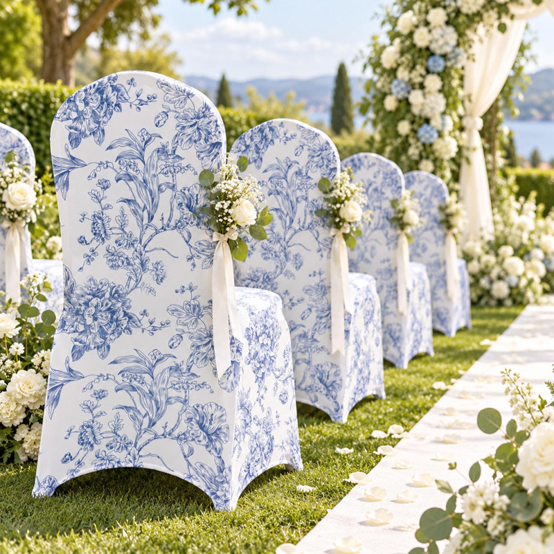 Lot de 10 housses de chaises de banquet en spandex à motif toile de Jouy blanche et bleue