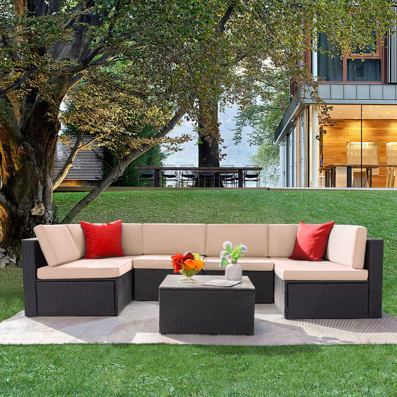 Bump 6 - Person Patio Conversation Set with Cushions, Beige/Red