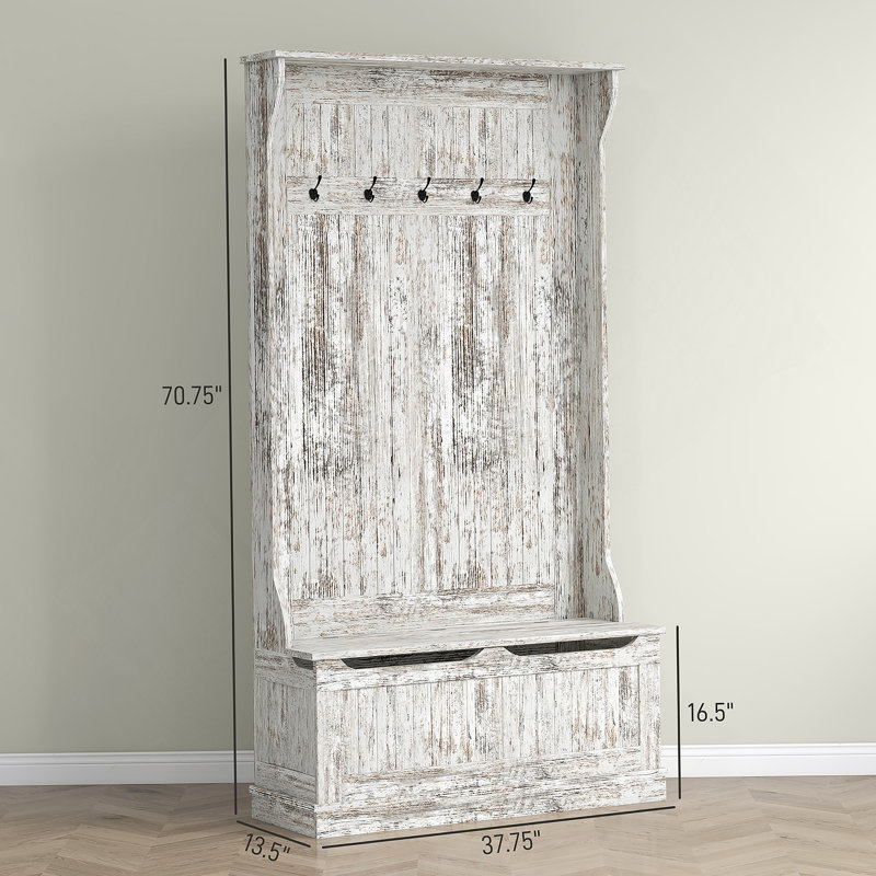 3-In-1 Entryway Hall Tree with Storage Bench, Coat Rack with Five Hooks and Shoe Storage, Distressed White