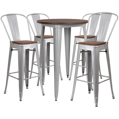Lafonya 30" Round Metal Bar Table Set with Wood Top and 4 Stools
