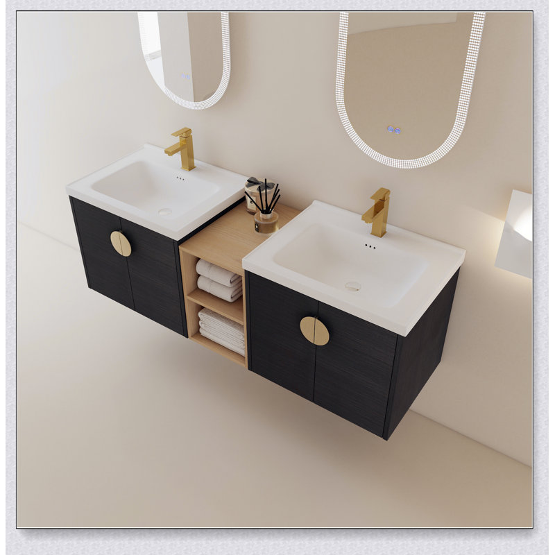 Meuble-lavabo à fermeture en douceur de 60 pouces avec lavabo et petites tablettes de rangement