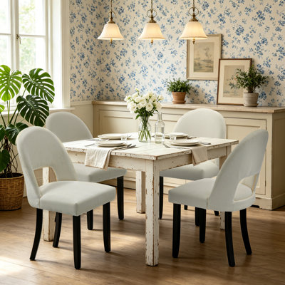 Linen Upholstered Dining Chairs with Curved High Back and Solid Wood Legs