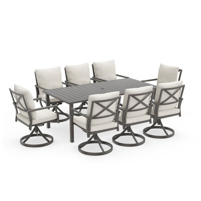 Urbanease 9-Piece Metal Patio Dining Set With 8 Swivel Chairs, Beige Cushions And Umbrella Hole