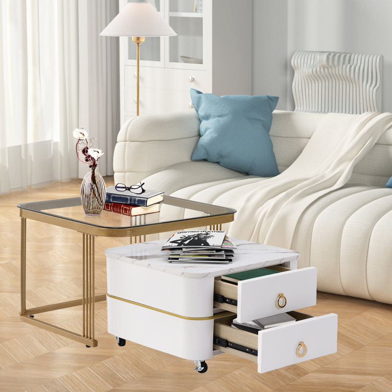 High-gloss Marble Nestable Coffee Table With Glass Tabletop, Gold Decoration, And Side Table With Drawer