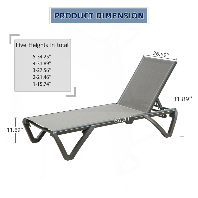 Patio Chaise Lounge Outdoor Aluminum Polypropylene Chair With Adjustable Backrest, Poolside Sunbathing Chair For Beach,Yard,Balcony (Gray, 2 Lounge Chairs)
