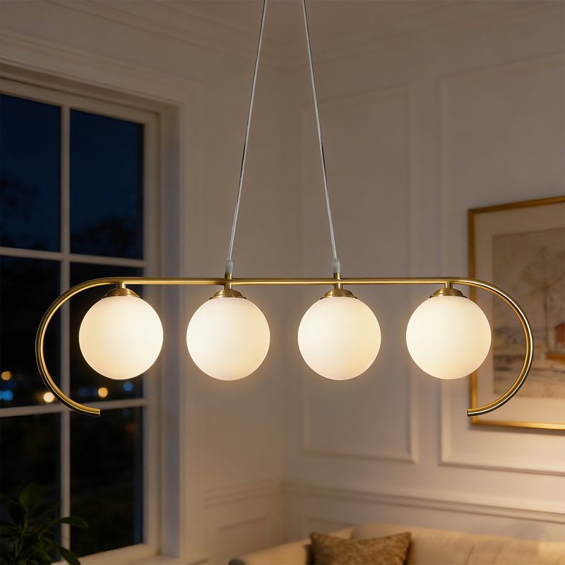 Îlot de cuisine suspendu 4 lumières avec globe en verre, Quatre lumières