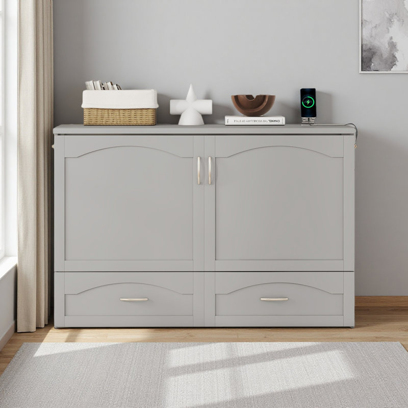 Lit escamotable Murphy avec tiroir et ensemble de prises et ports USB, structure à poulie, Grand lit, Gris