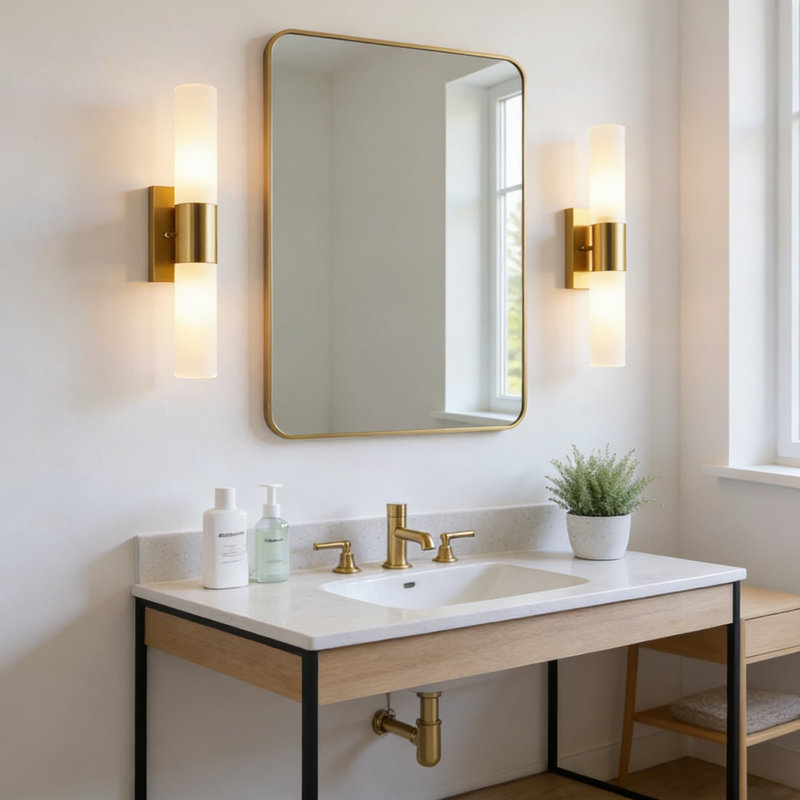 Luminaire de meuble-lavabo moderne 2 lumières, applique murale dorée avec abat-jour en verre transparent pour éclairage de miroir dans la salle de bain, la chambre à coucher, le salon, le couloir, la douille E26, ampoules non incluses