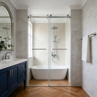 Porte de douche coulissante double sans cadre l 60 po x H 66 po avec verre trempé de 3/8 po en nickel brossé