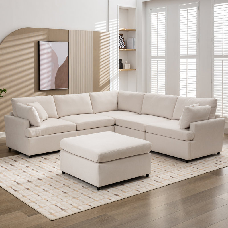 Canapé modulaire rembourré en U avec repose-pieds amovible Kian, Tissu beige