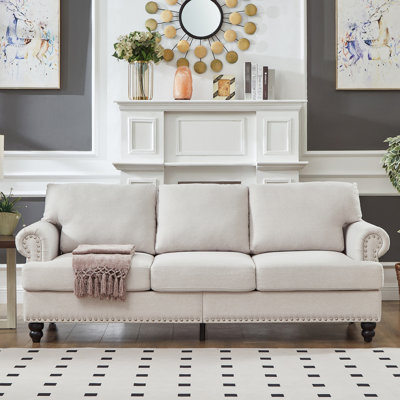 83 po avec rangement, rembourré, couleur beige, trois sièges, clous à accoudoirs ronds, structure en bois massif, coussin à ressorts, coussin à ressorts, housses amovibles lavables, rangement