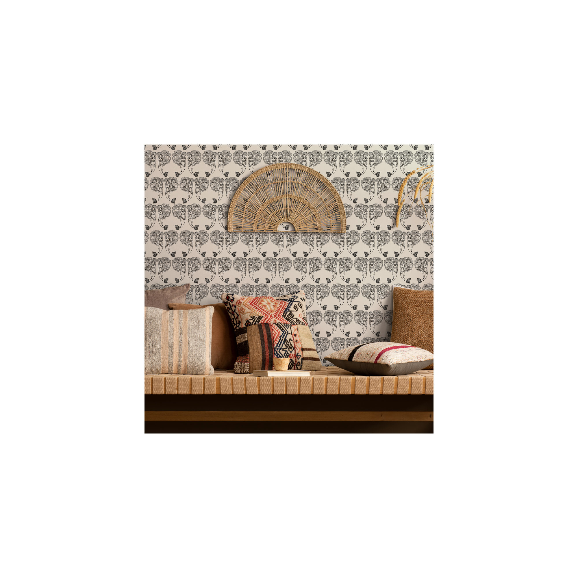 Block Print Mermaids Peel and Stick Wallpaper, Onyx