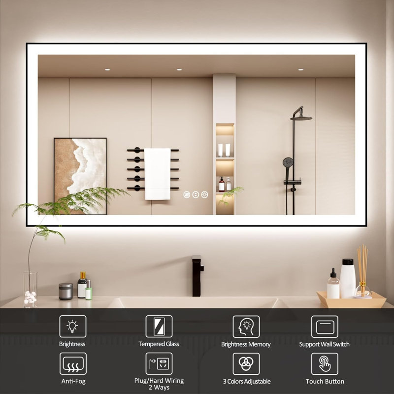 LED Bathroom Mirror With Black Frame, Backlit And Front Lighted Bathroom Mirrors For Wall, 32" x 72"
